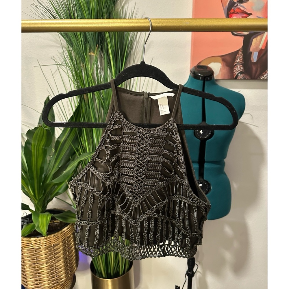H&M Olive Green Crochet High Neck Crop Top - Size Medium